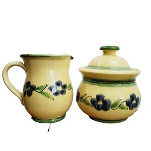 Vintage Sugar Bowl & Creamer Country Yellow & Blue Floral Pottery Heavy Quality